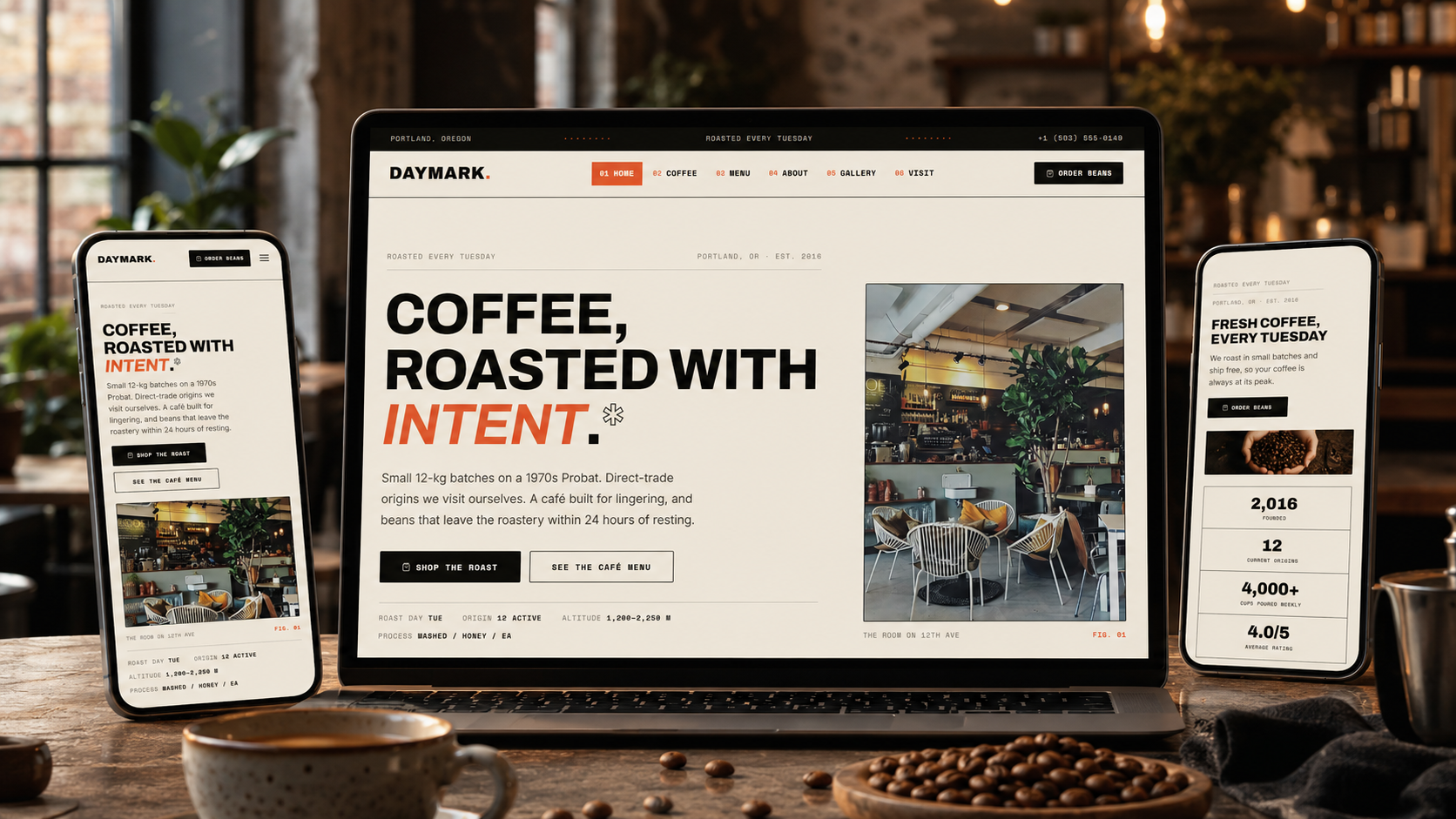 Preview of the Daymark coffee website — a cup of coffee