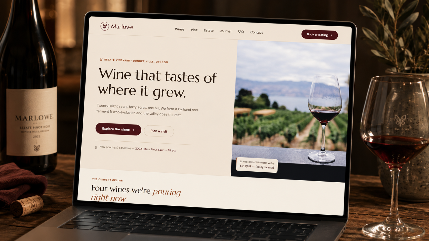 Preview of the Marlowe vineyard website — wine glasses in a vineyard