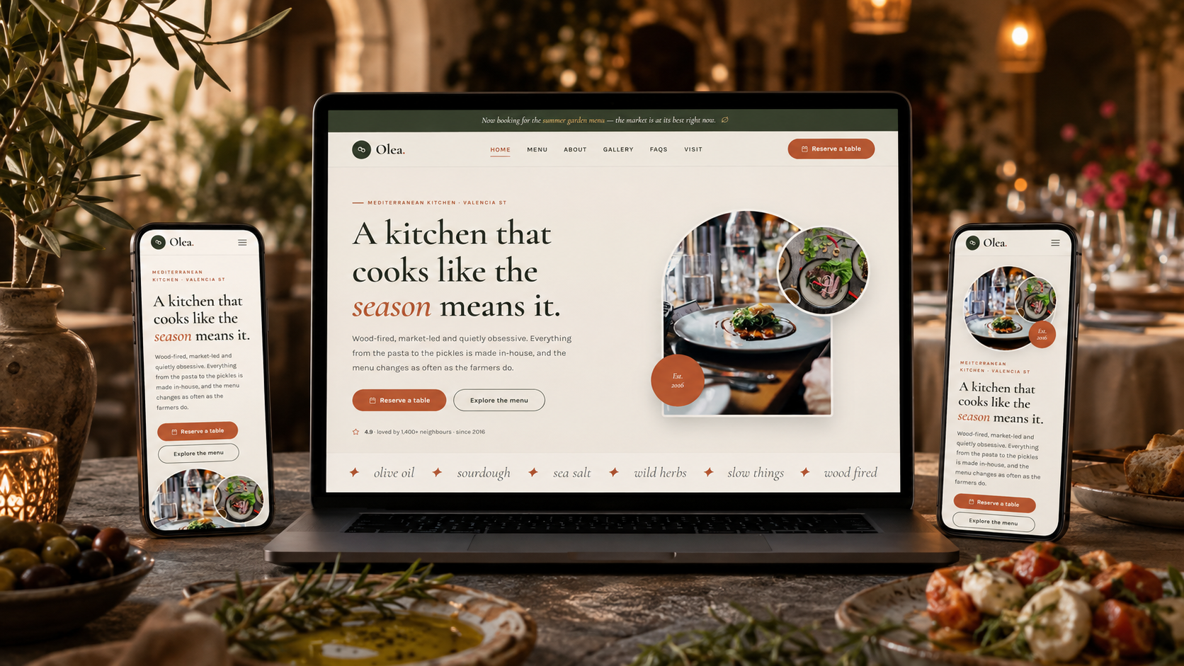 Preview of the Olea restaurant website — a plated dish